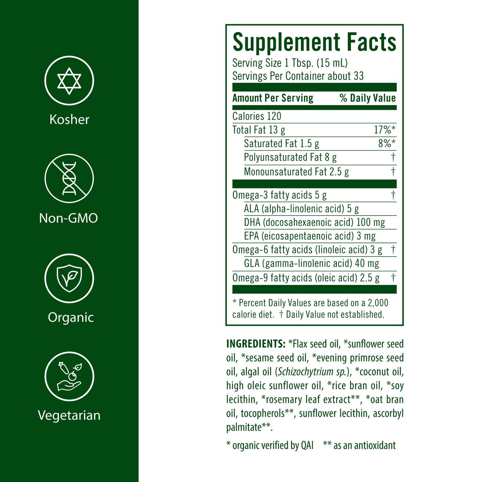 Flora Udo's Oil DHA pour shot showing golden oil ideal for smoothies and salads