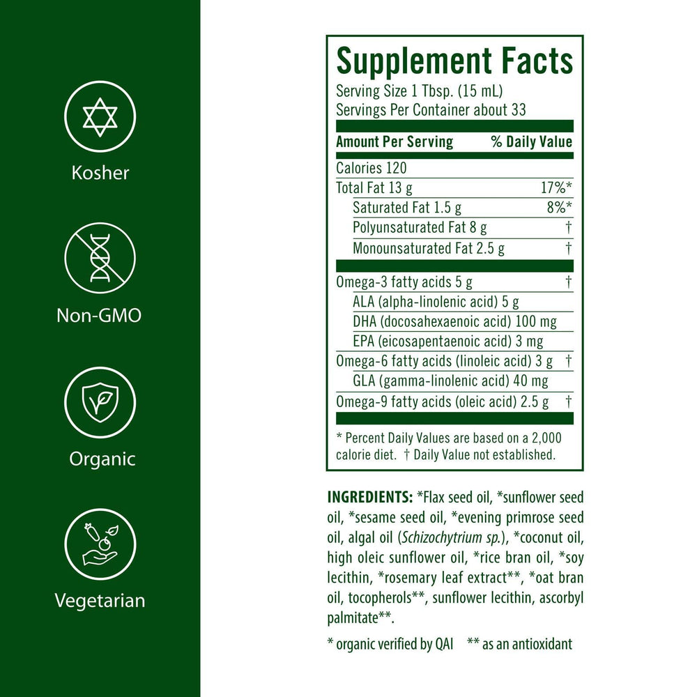 Flora Udo's Oil DHA pour shot showing golden oil ideal for smoothies and salads