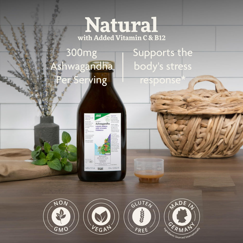 Floradix Ashwagandha Liquid mixed with a glass of water