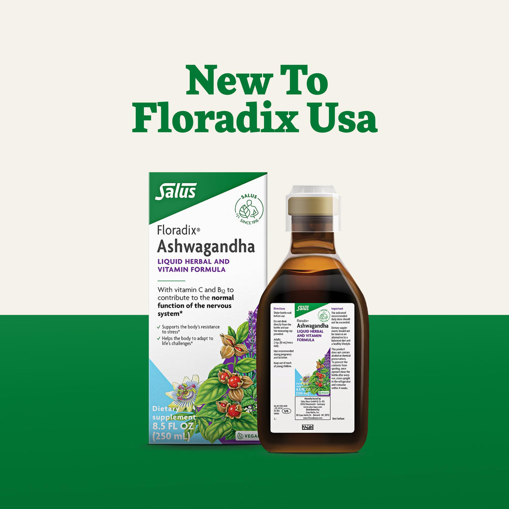 Floradix Ashwagandha Liquid morning routine scene for daily energy