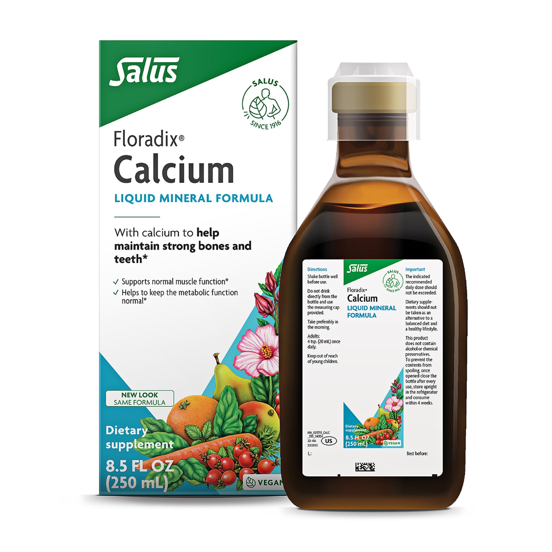 Floradix Calcium Liquid bottle showing vegan formula for bone support