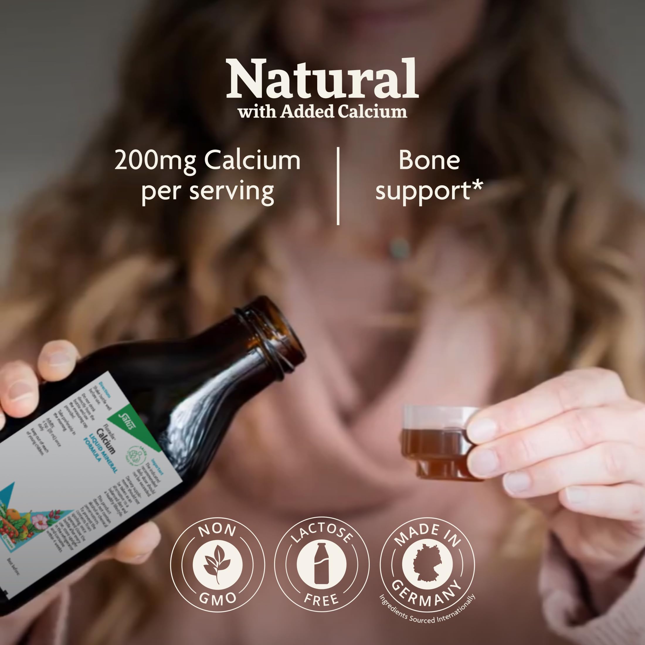 Floradix Calcium Liquid label closeup highlighting purity and vegan non-GMO traits