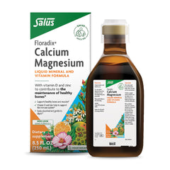 Floradix calcium magnesium liquid bottle showing the mineral blend for daily bone support
