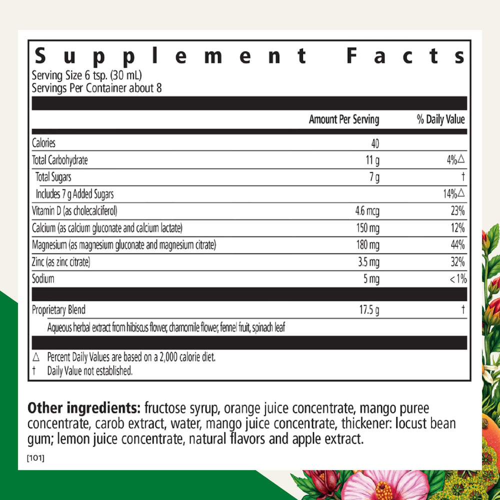 Floradix calcium magnesium liquid label highlighting vegan, non-GMO formula