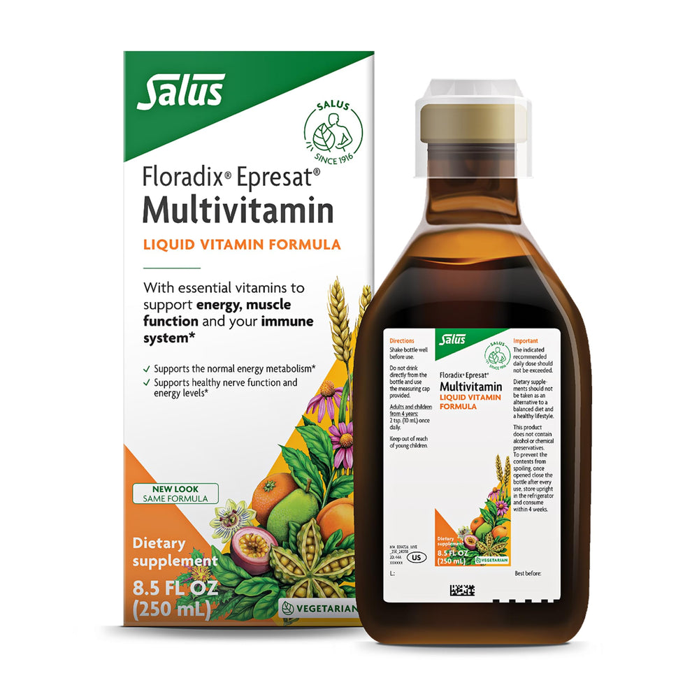 Floradix Epresat bottle with label showing herbal multivitamin for daily energy.