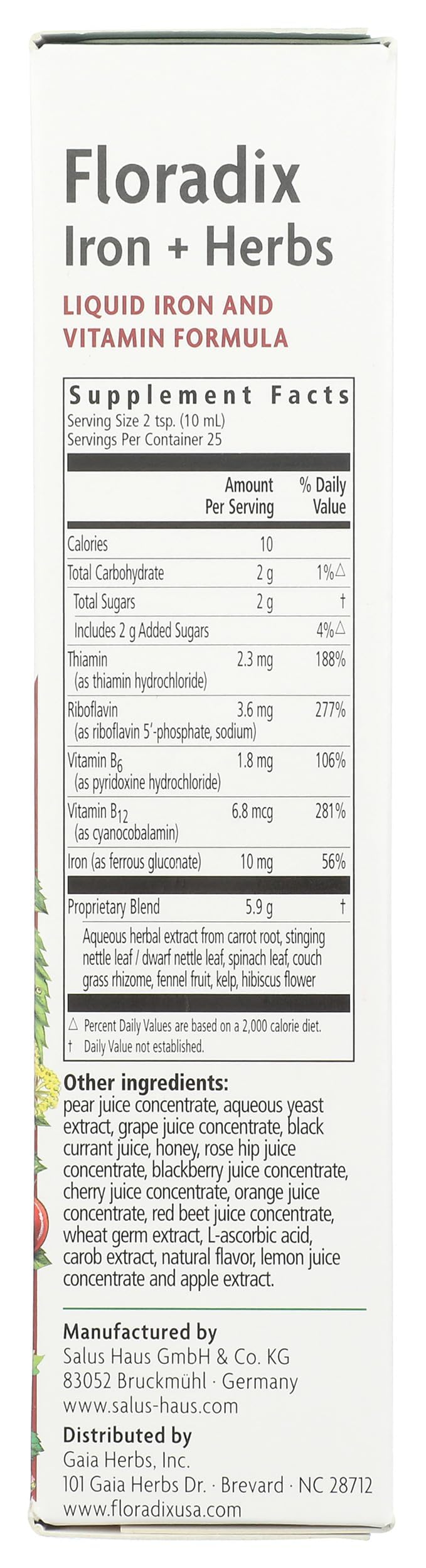 Floradix Floravital ingredients label highlights herbs and fruit juice concentrates for pleasant taste