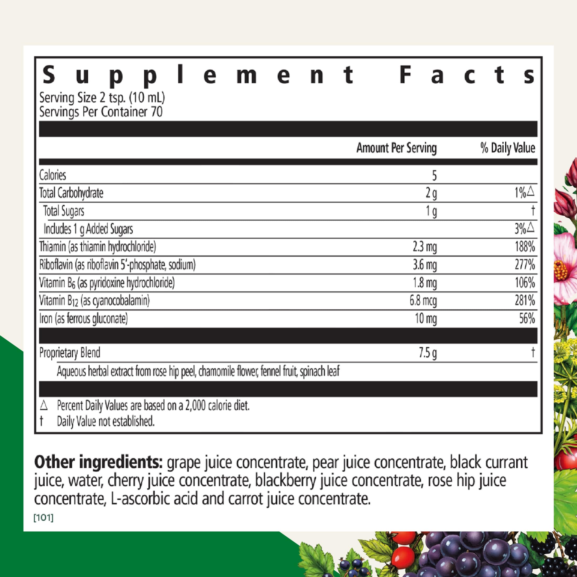 Floravital label shows vitamin C and B-complex ingredients.