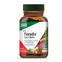 Floradix Iron + Herbs bottle shows vegan iron for daily energy support