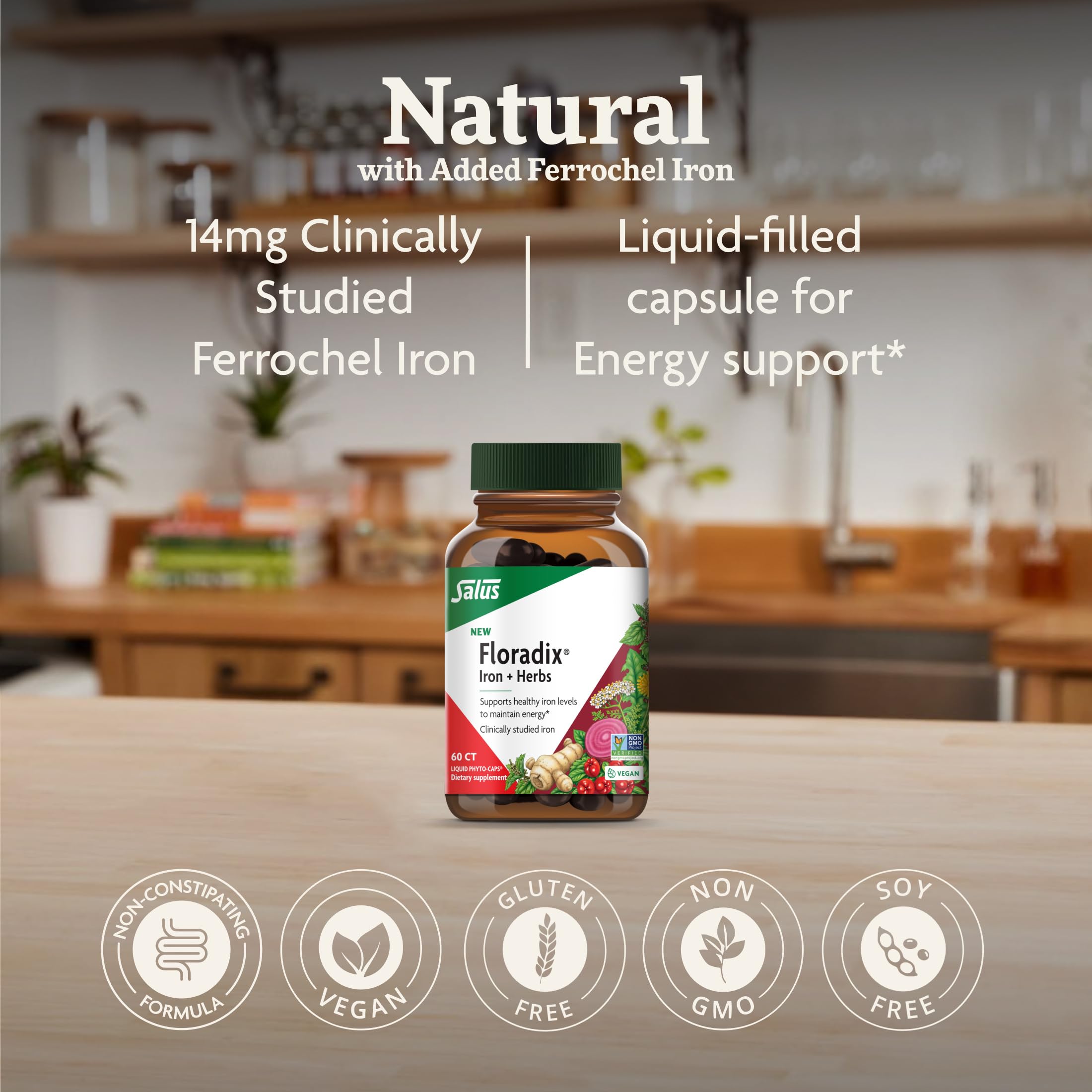 Floradix Iron + Herbs label features herbal blend for balance