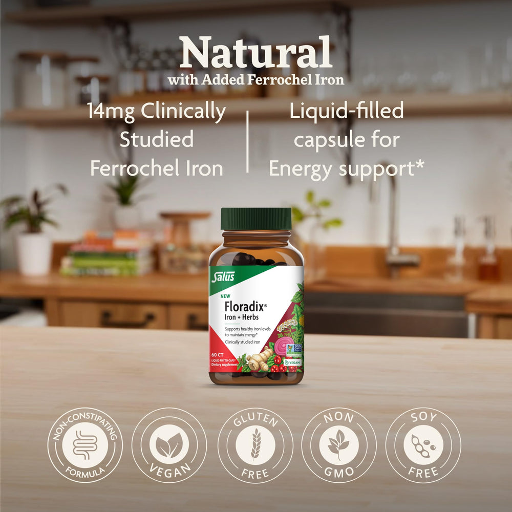 Floradix Iron + Herbs label features herbal blend for balance
