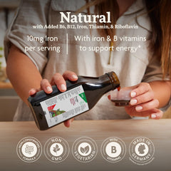 Floradix Iron and Herbs label highlights vitamin C for iron absorption.