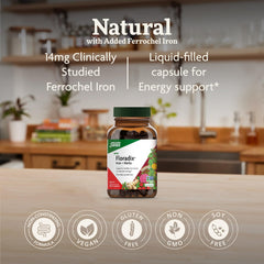 Floradix liquid close-up highlighting gentle ferrochel iron.