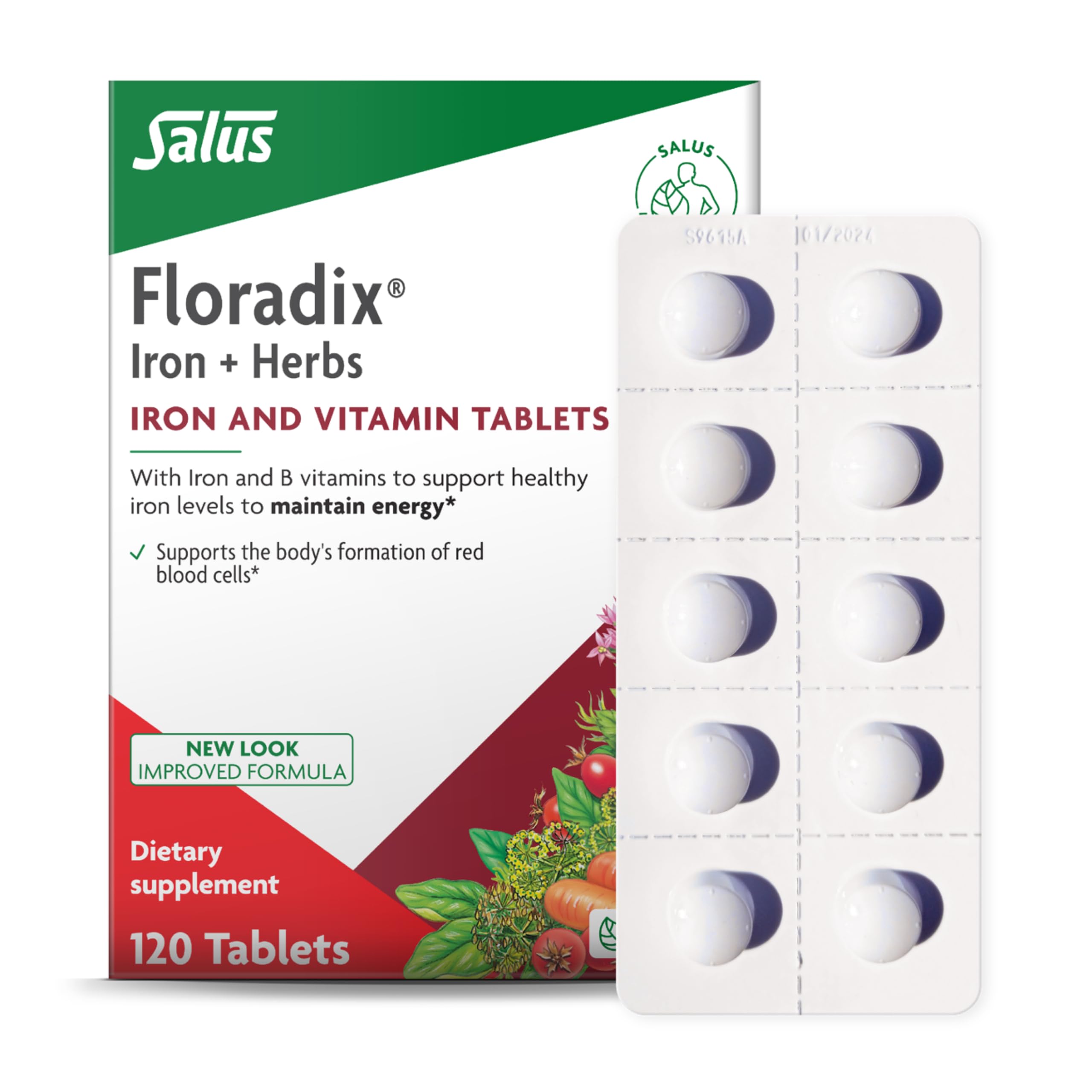 Floradix Iron Tablets bottle close-up showing vitamin-rich formula for energy support.