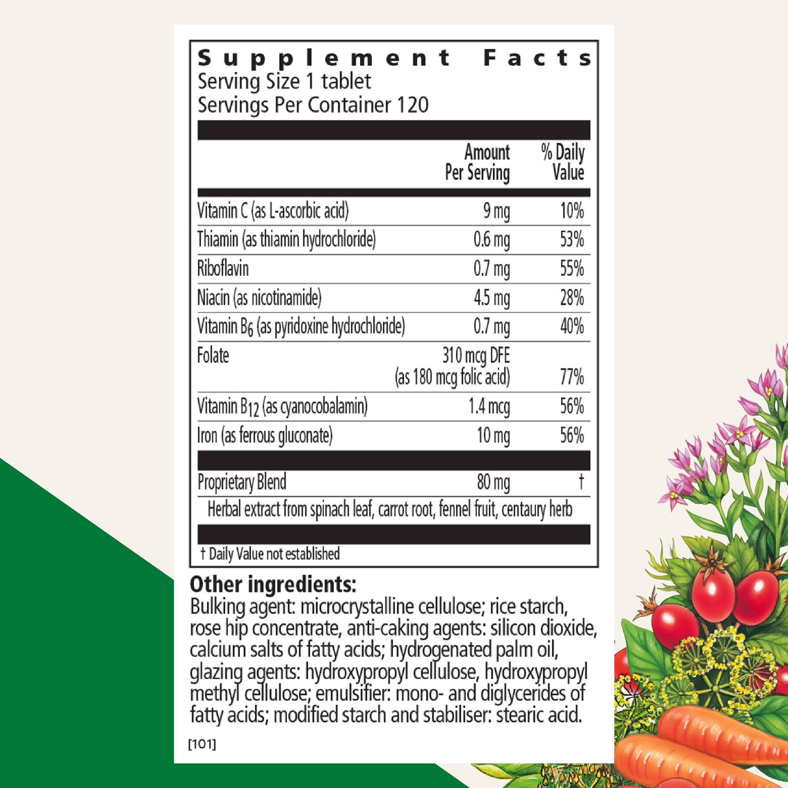 Floradix Iron Tablets packaging close-up highlighting vegan and gluten-free features.