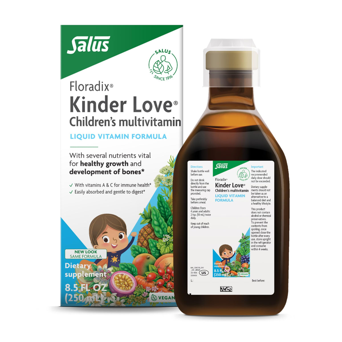 Floradix Kinder Love bottle closeup highlighting kid-friendly liquid multivitamin for daily wellness
