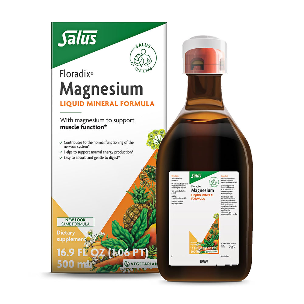 Floradix Magnesium bottle pour demonstrates a smooth, easily absorbed liquid for daily wellness.