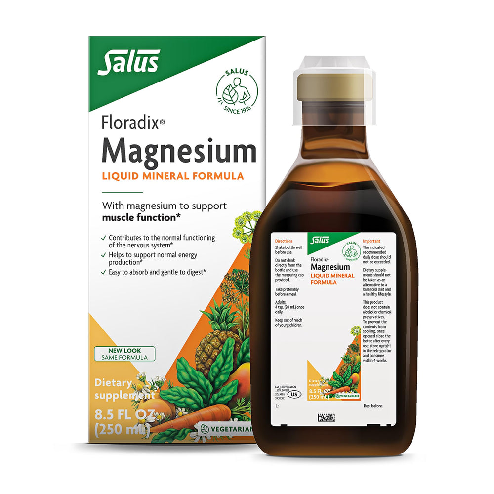 Floradix Magnesium liquid bottle shown, supports daily magnesium intake for nerves and muscles.