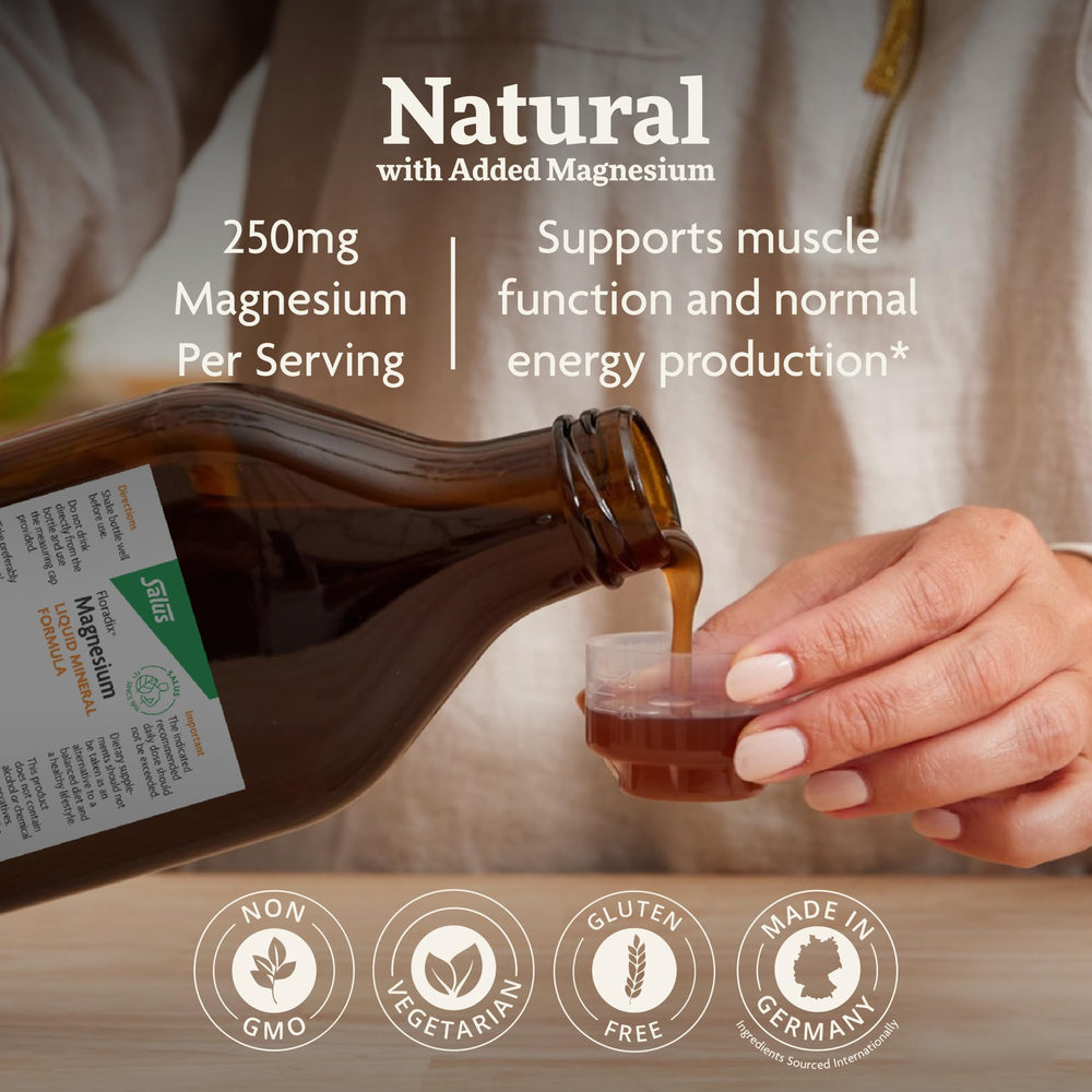 Floradix Magnesium pouring into a glass, convenient daily supplement routine.