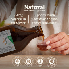 Floradix Magnesium pouring into a glass, convenient daily supplement routine.
