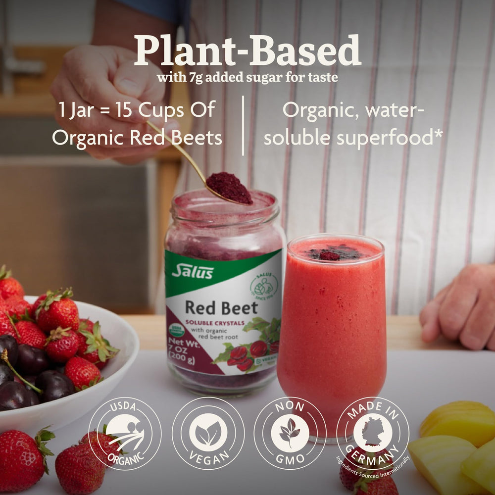 Floradix beet crystals jar open shows contents for easy prep.