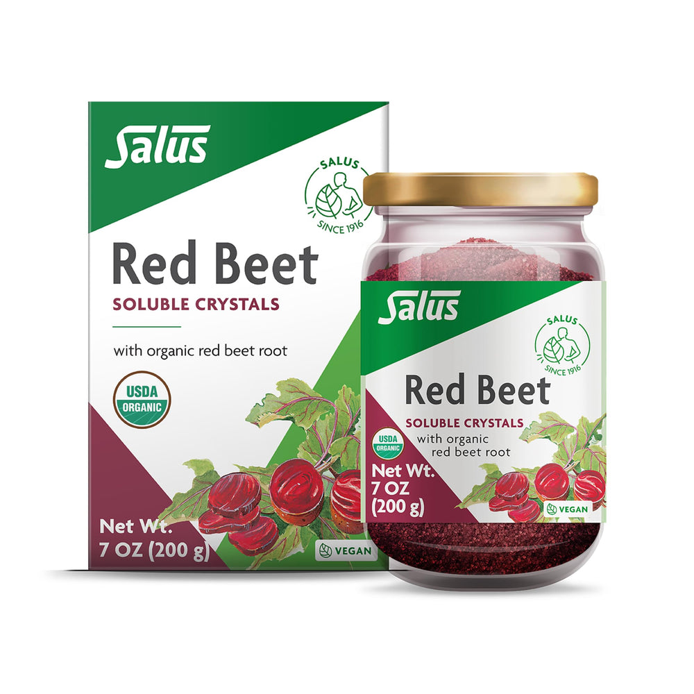 Floradix Organic Red Beet Crystals packaging, easy to mix into beverages.