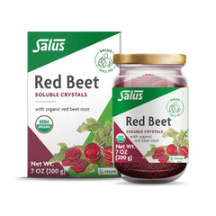 Floradix Organic Red Beet Crystals packaging, easy to mix into beverages.