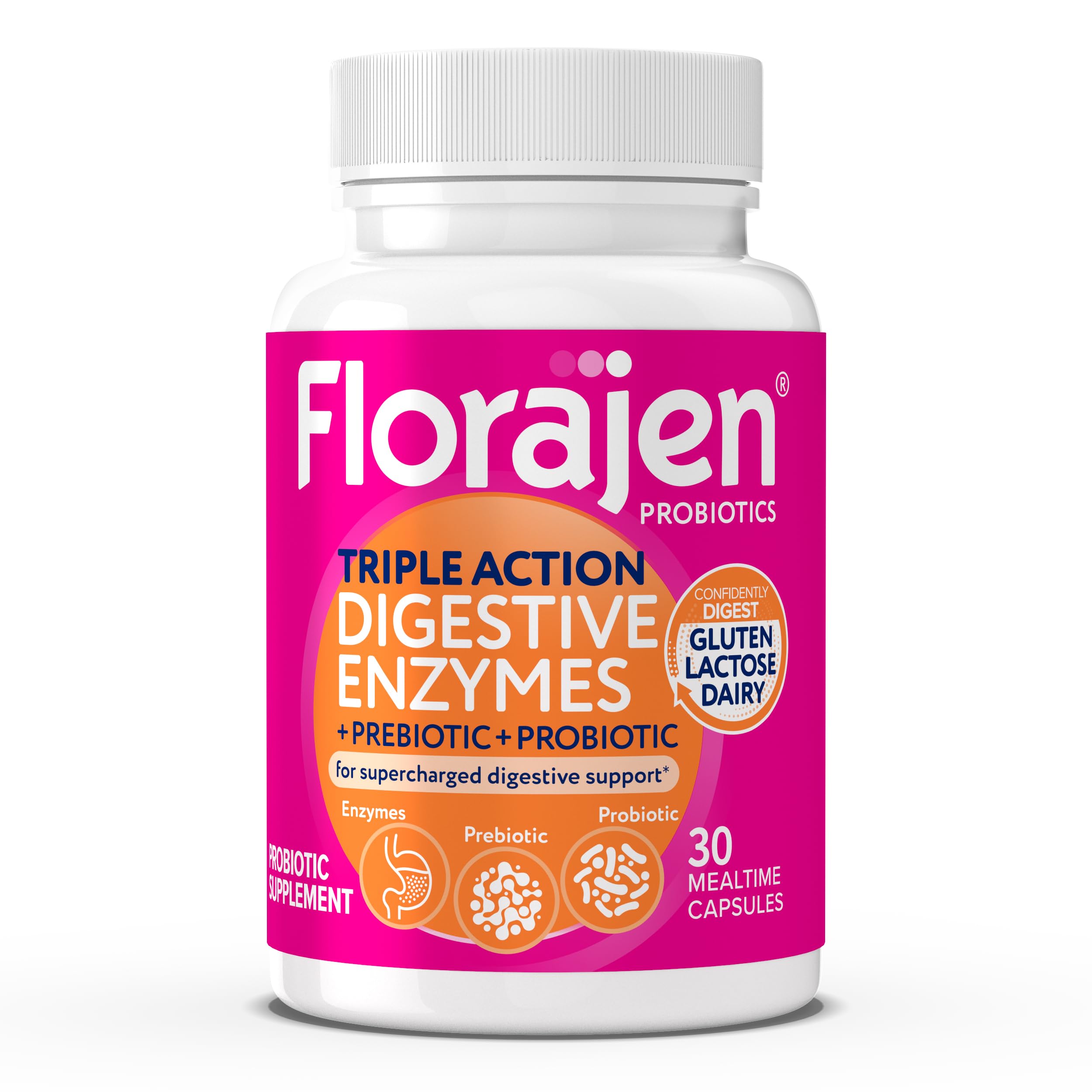 Florajen Digestive Enzymes bottle front for reliable gut support.