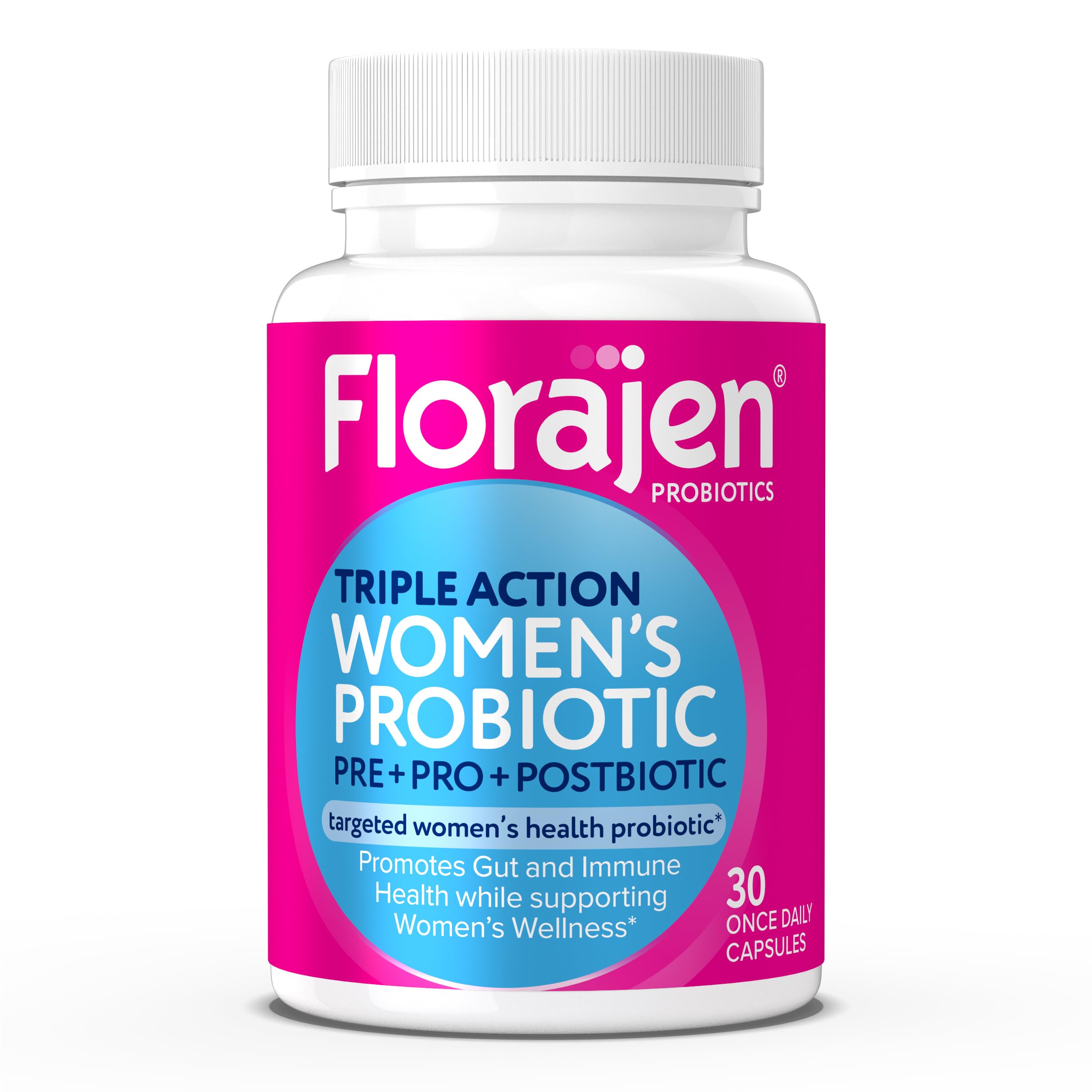 Florajen Women's Complete bottle front view shows triple-action formula for digestive balance