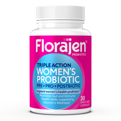 Florajen Women's Complete bottle front view shows triple-action formula for digestive balance