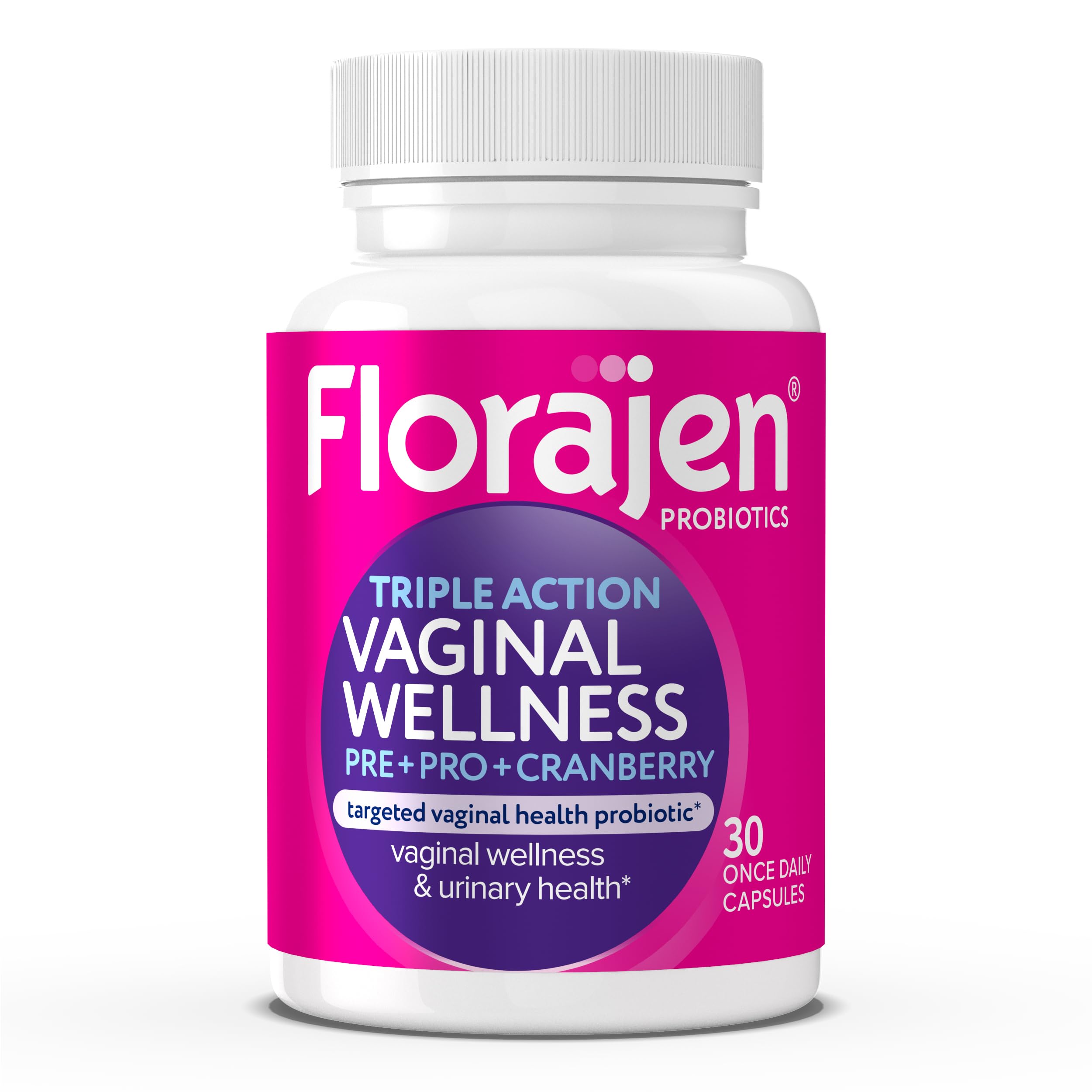 Florajen Women’s Triple-Action probiotic bottle supports gut balance and immune wellness.