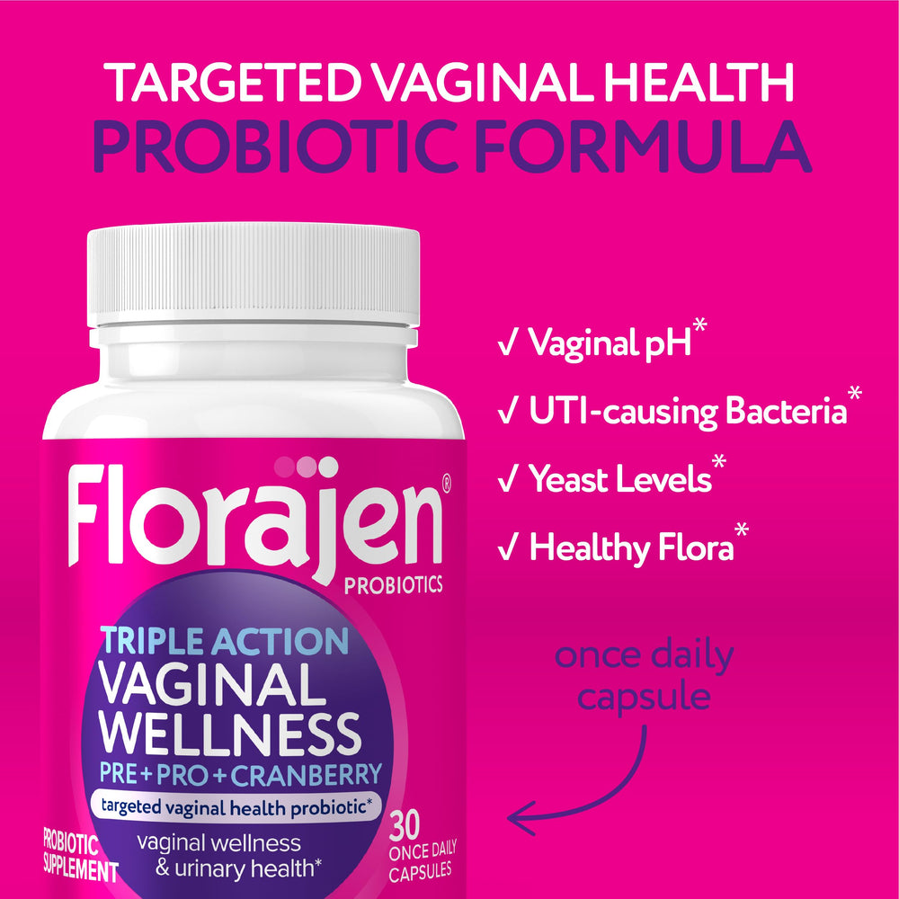 Florajen packaging image showcases gluten-free, vegan probiotic with cranberry for women.