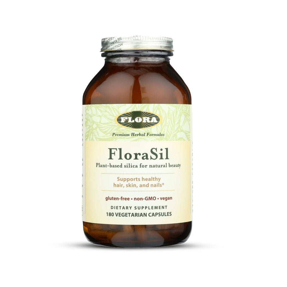 FloraSil 180 vegan capsules on a clean surface, potential support for healthy hair, skin, and nails.