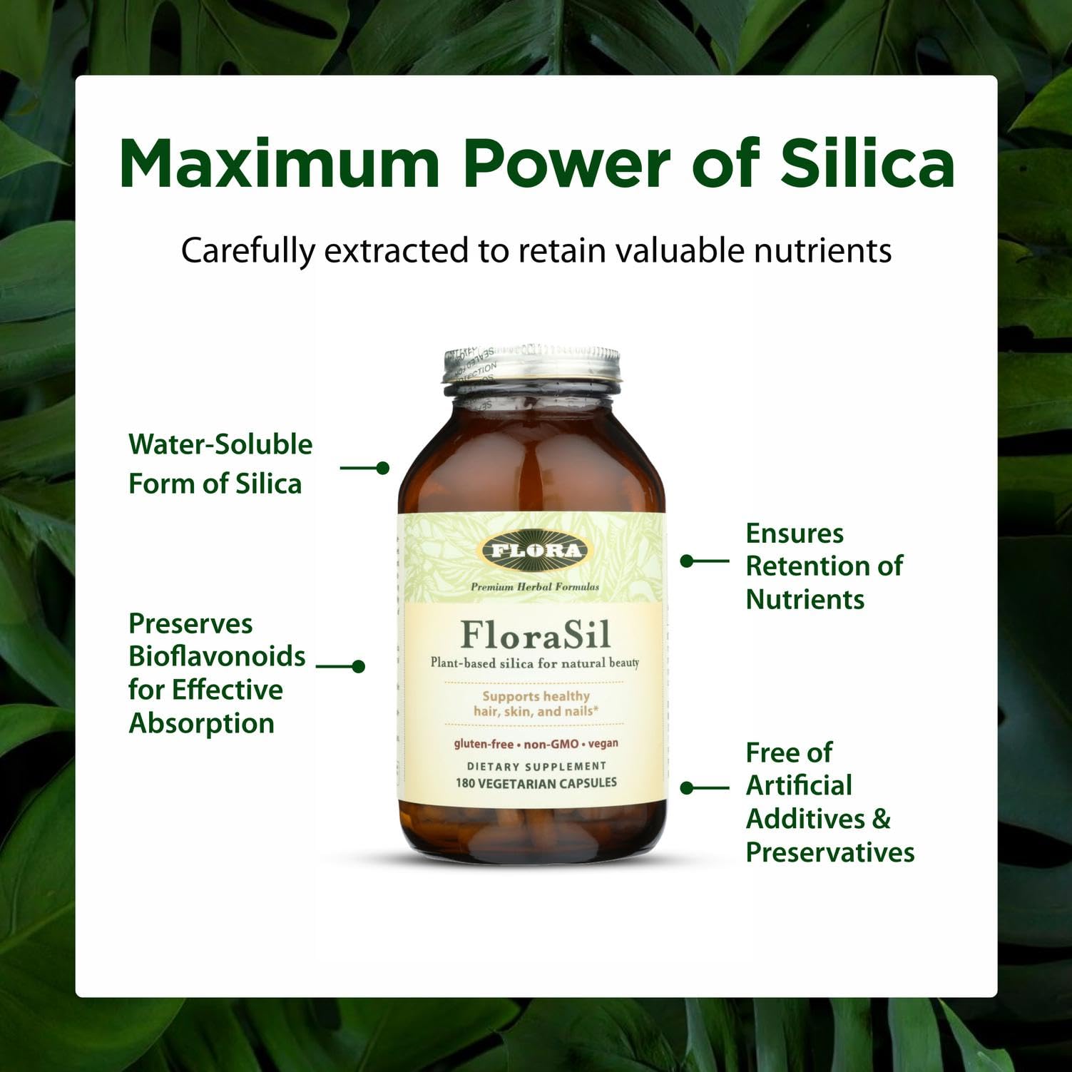 Close-up of FloraSil capsules; easy-to-swallow, vegetarian supplement.