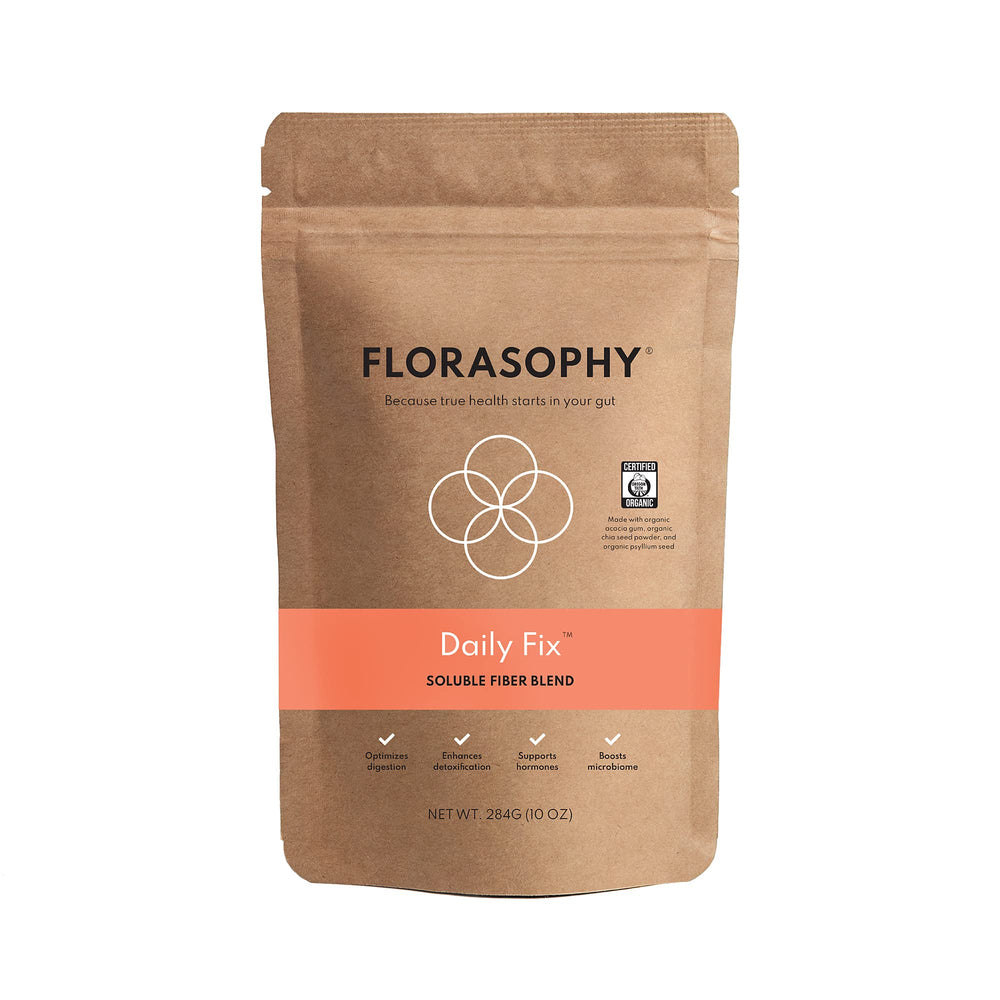 Florasophy Daily Fix bottle on a kitchen counter supports digestive health.