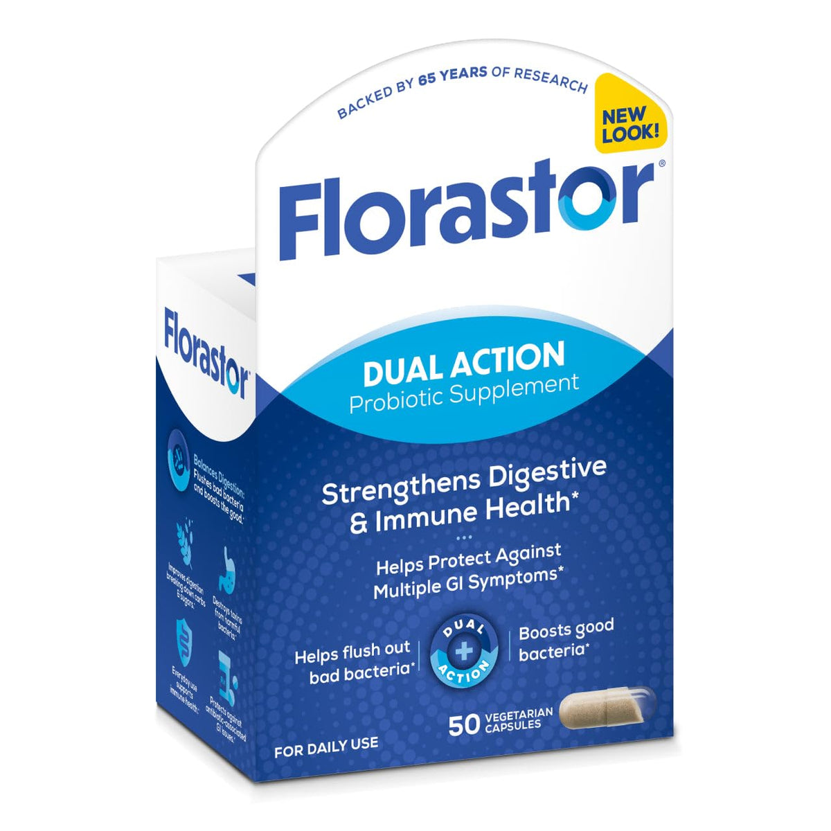 Florastor Dual Action bottle with capsules, supporting balanced digestion and immune health