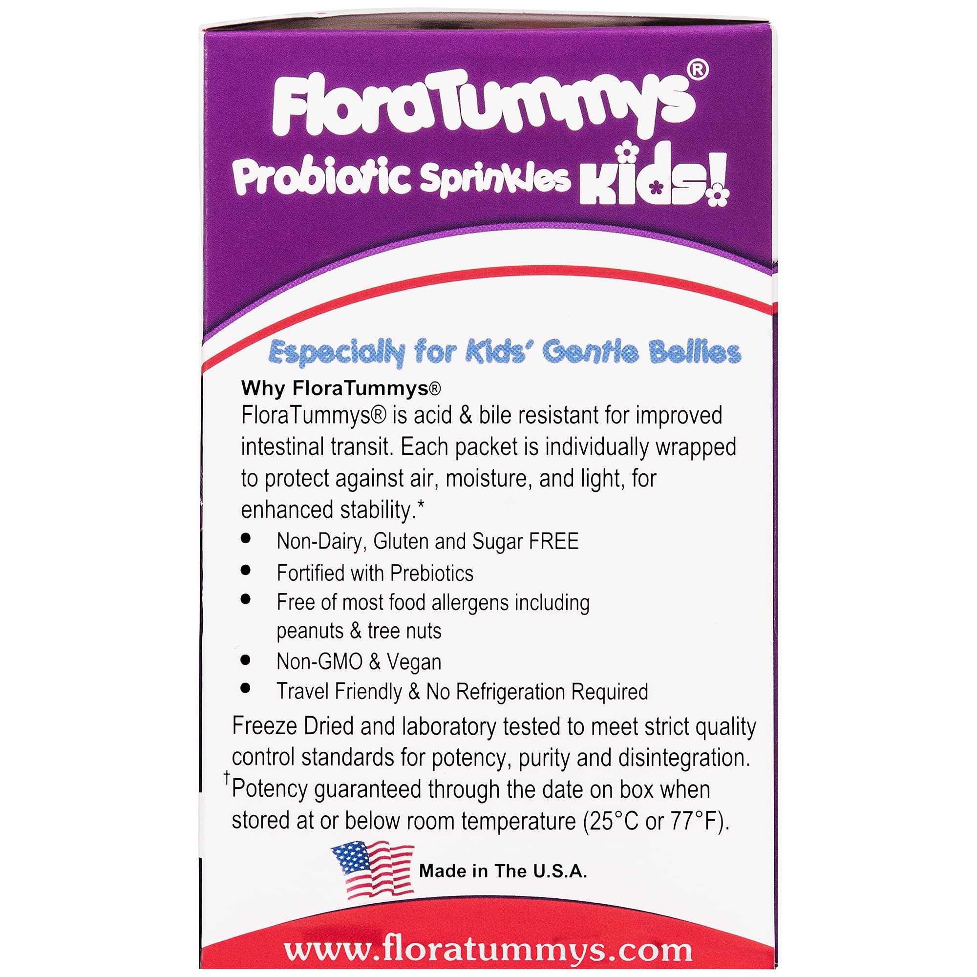 Close-up of FloraTummys probiotic label indicating allergen-free and vegan.