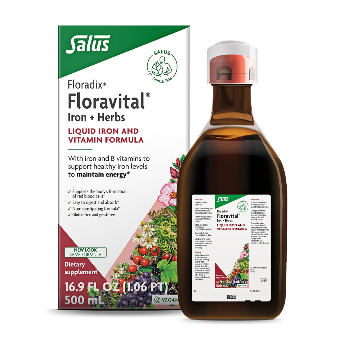 Floravital bottle pouring to reveal herbal iron blend for daily energy support.