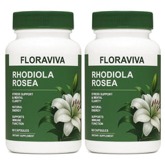 Floraviva Rhodiola Rosea Capsules bottle shows 500mg formula for daily stress support