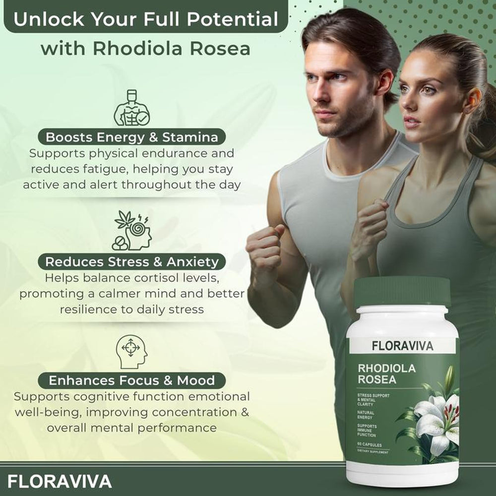Desk setup with Floraviva Rhodiola Rosea capsules near notebook for concentration