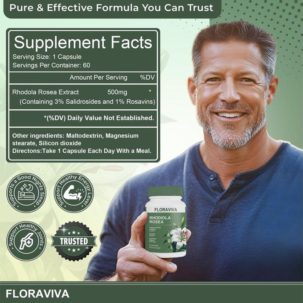 Close-up label on Floraviva Rhodiola Rosea capsules highlights standardized rosavins and salidroside