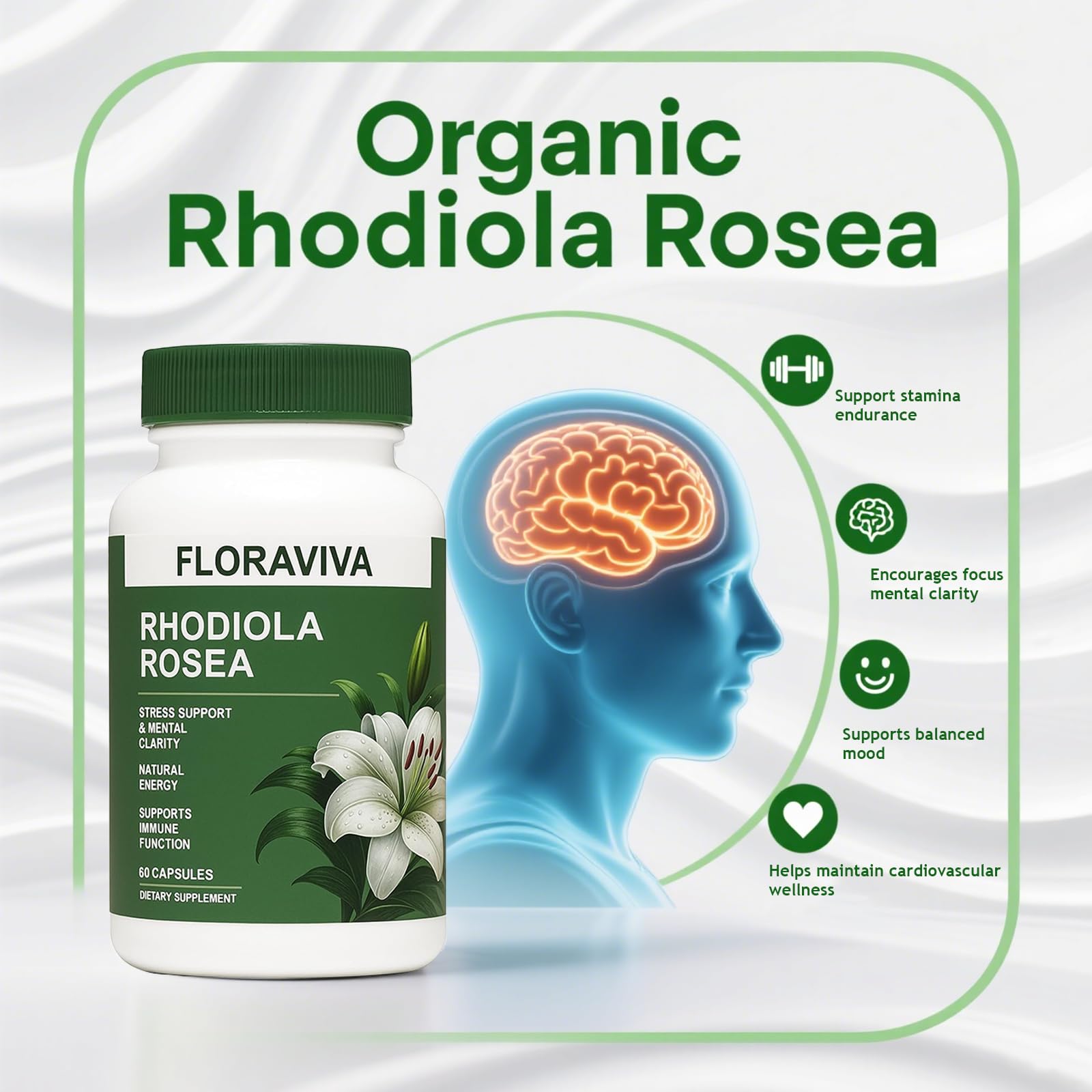 Morning routine scene featuring Floraviva Rhodiola Rosea capsules for clear thinking and energy