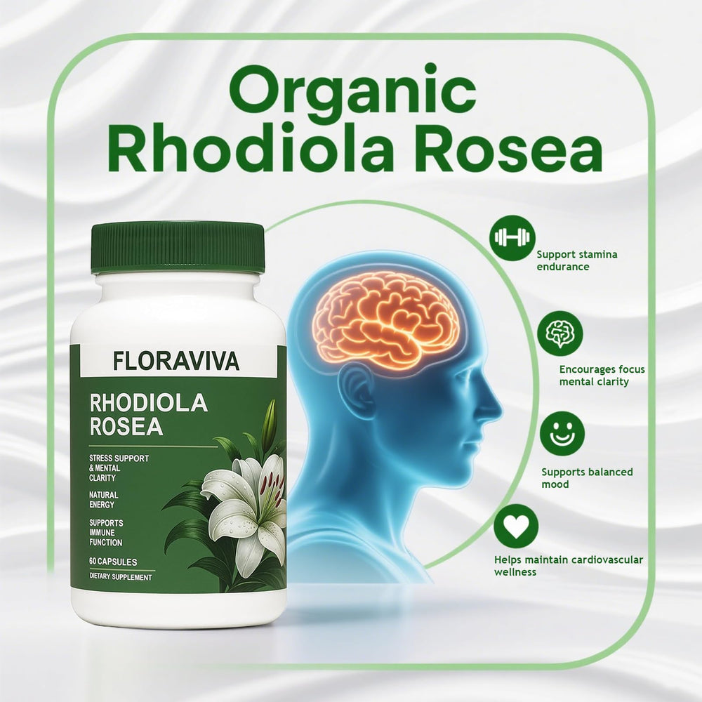Morning routine scene featuring Floraviva Rhodiola Rosea capsules for clear thinking and energy