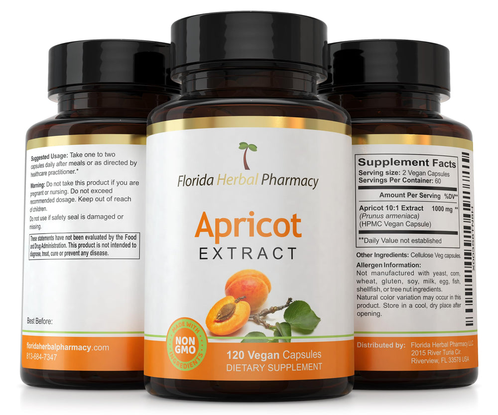 Apricot capsules in a cup for easy daily intake - Florida Herbal Pharmacy.
