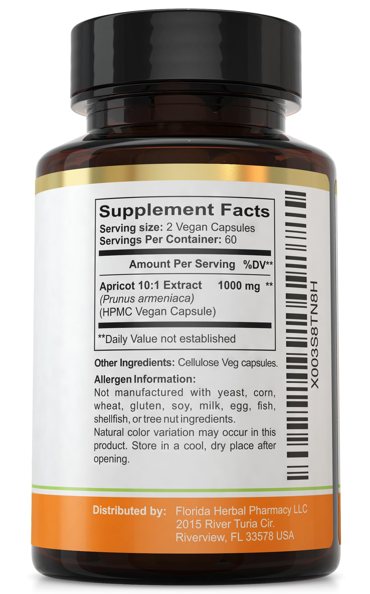 Florida Herbal Pharmacy apricot supplement packaging highlighting natural ingredients.