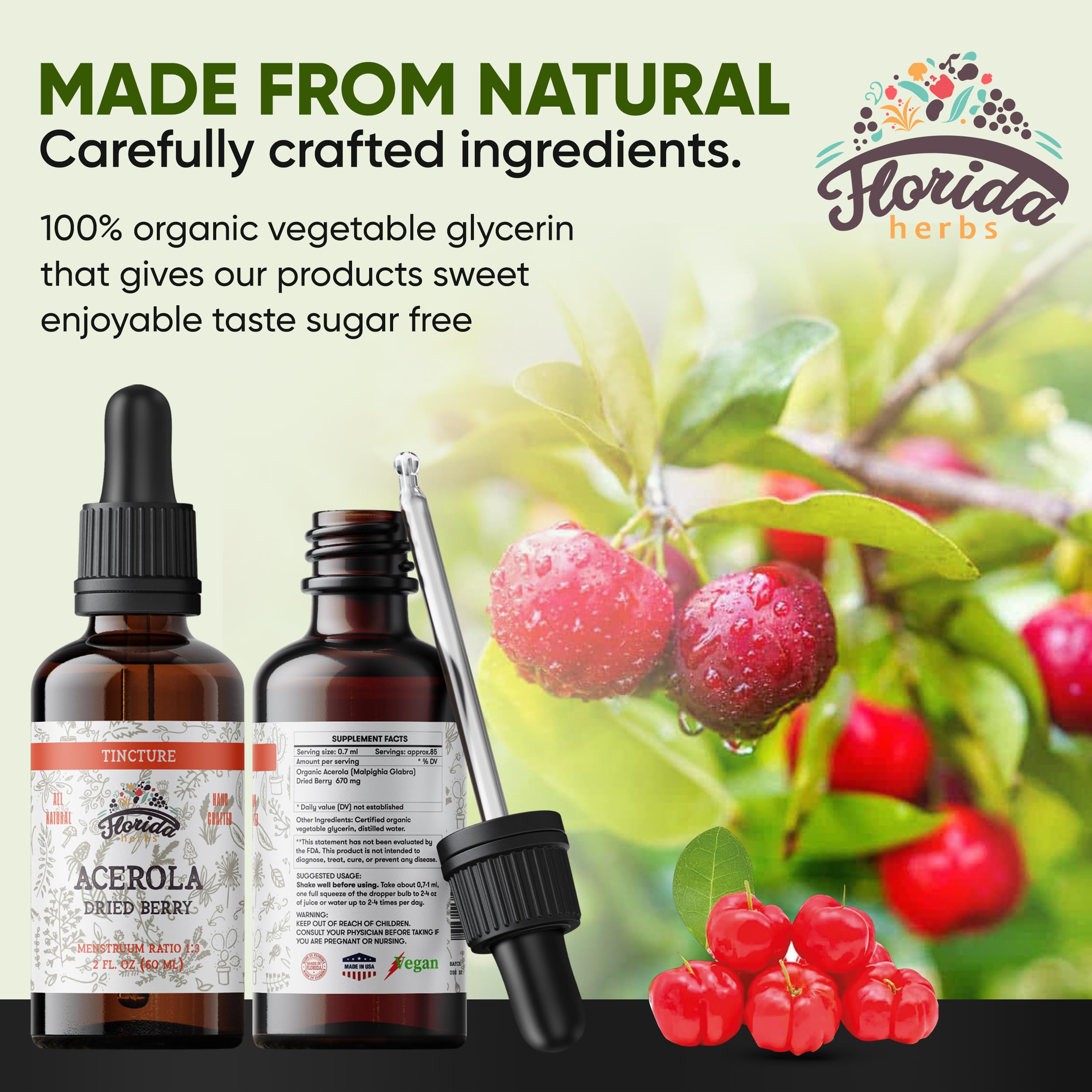 Acerola tincture pour shows easy mixing into water or juice for daily use.