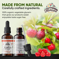 Acerola tincture pour shows easy mixing into water or juice for daily use.