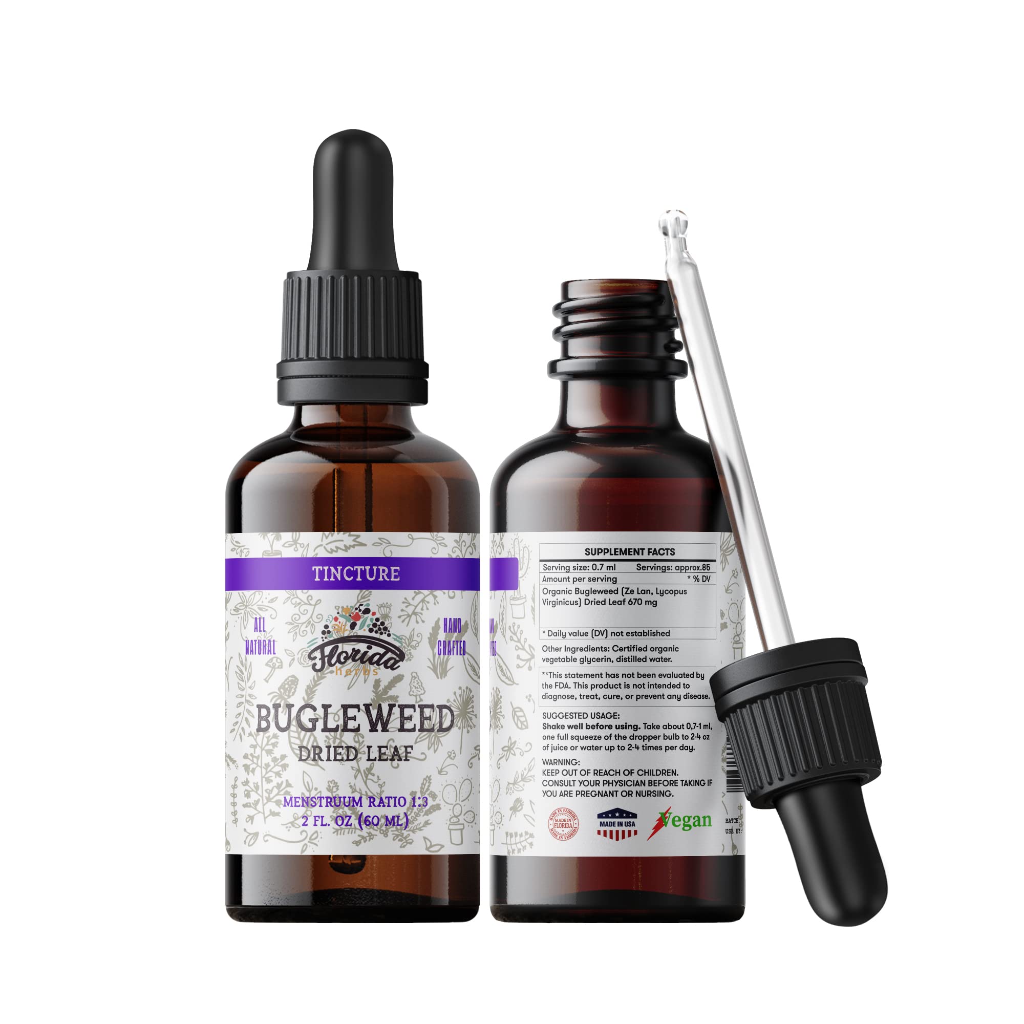 Florida Herbs Bugleweed tincture bottle with dropper for organic herbal support