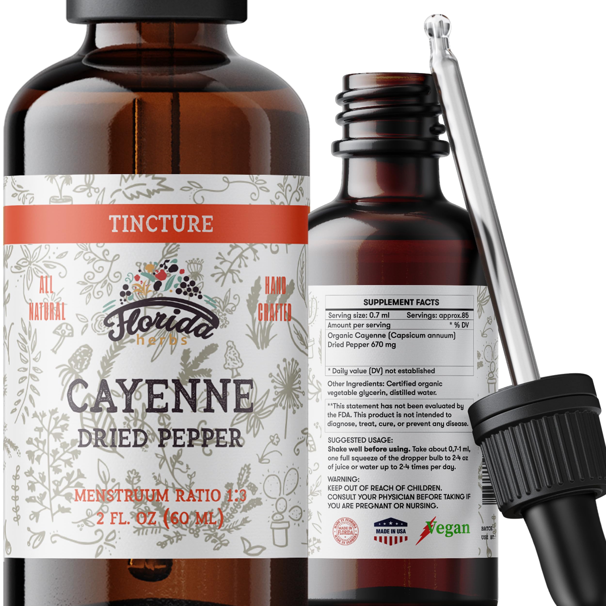 Florida Herbs cayenne tincture bottle showing organic ingredients for cooking