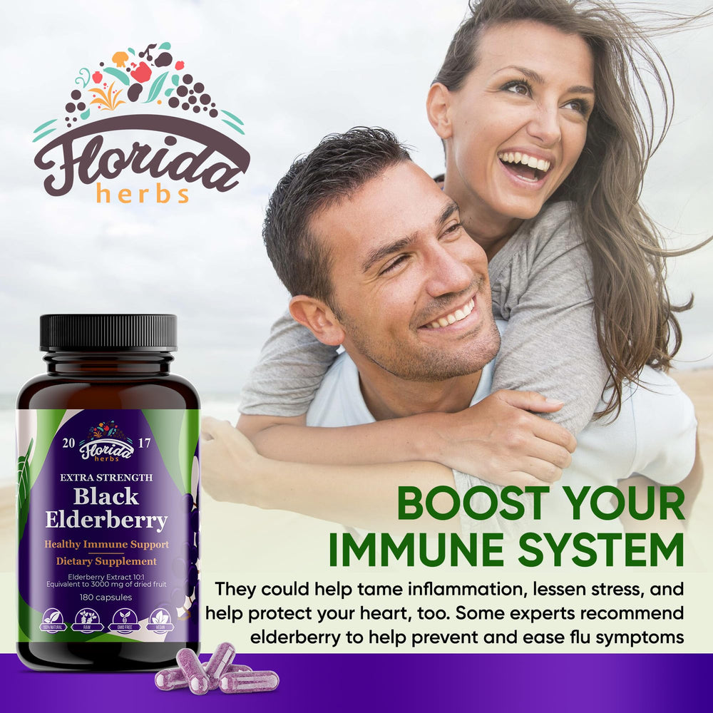Florida Herbs elderberry capsules on a kitchen shelf for everyday use