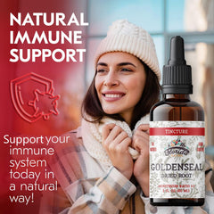 Florida Herbs Goldenseal tincture dropper image emphasizes convenient dosing for vegan, organic extract.